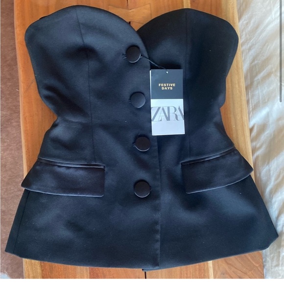 ZARA black strapless top with satin buttons - Picture 1 of 2
